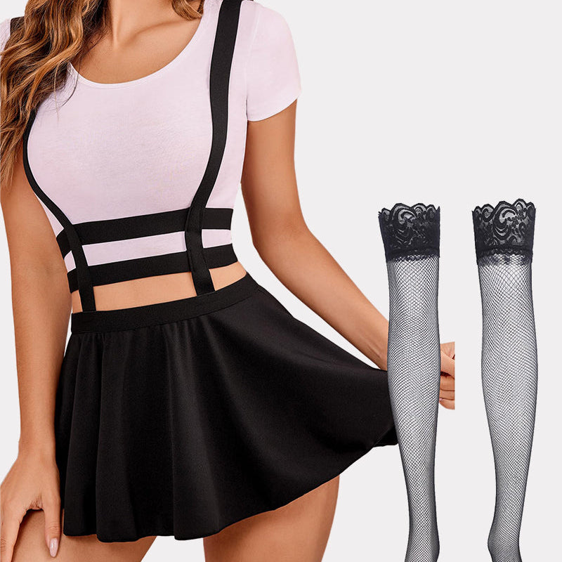 Avidlove black pleated mini skirt with suspenders, white top and fishnet stockings. Sexy outfit