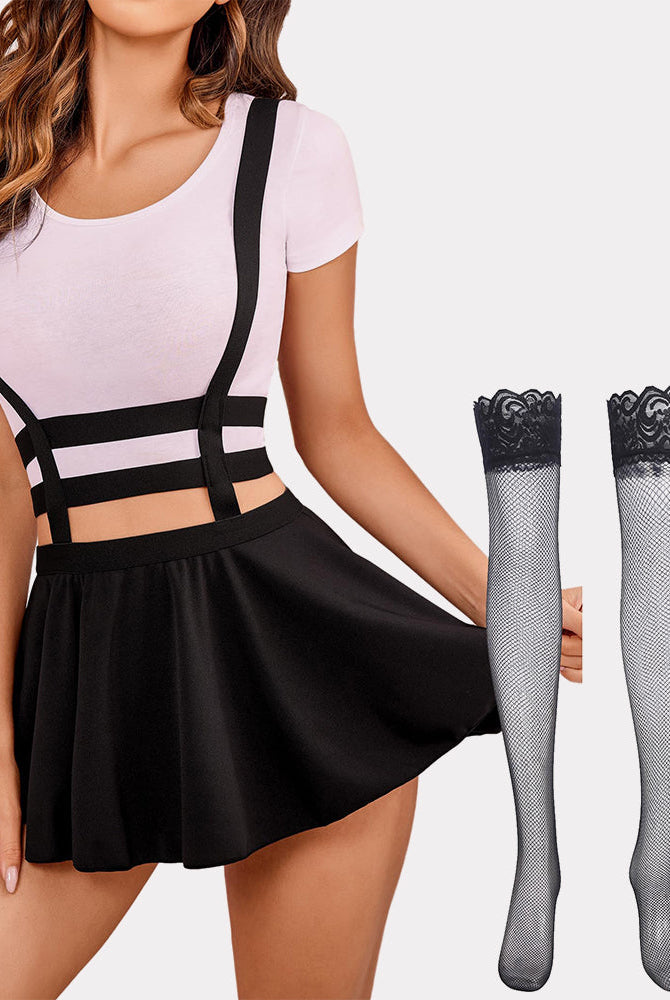 Avidlove sexy A-line skirt set: black skirt, white top, and fishnet stockings.