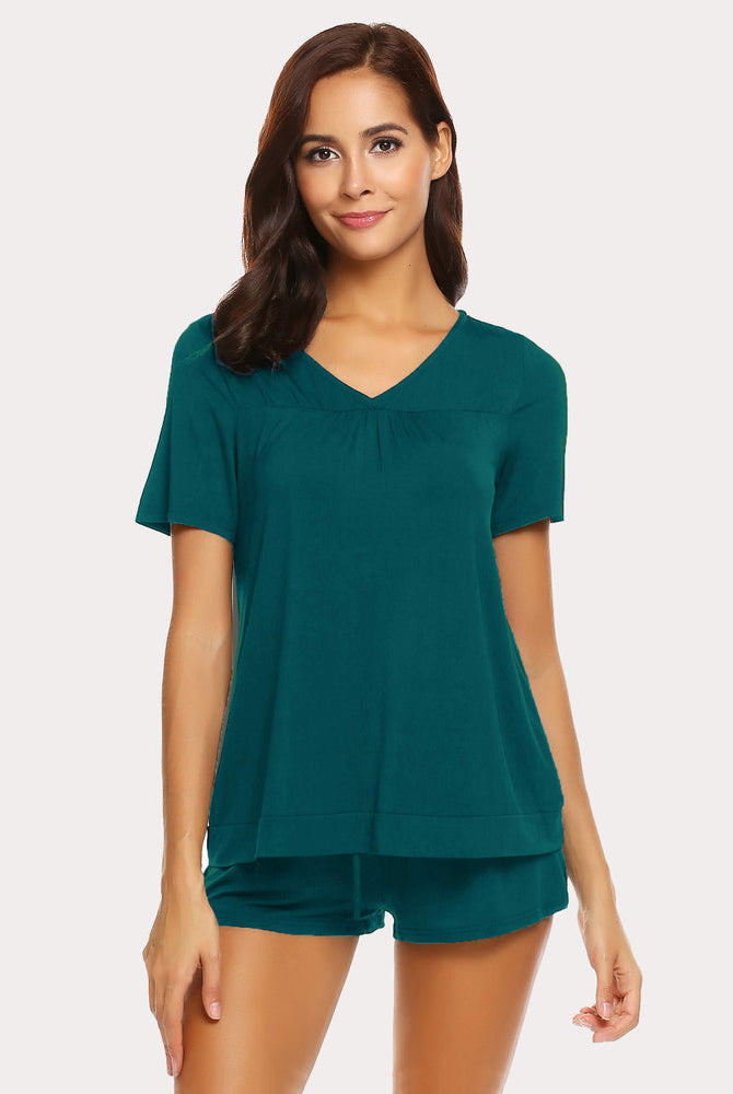 Teal rayon shorts pajama set for women. Comfortable V-neck sleepwear, perfect for casual wear.