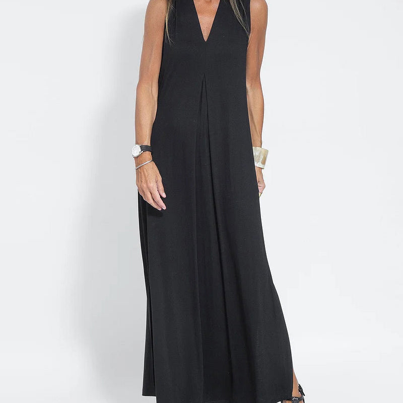 Black maxi dress, sleeveless, V-neck. Ideal for leisure and vacation. Made of Polyester and Spandex.