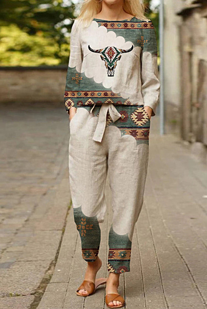 Beige linen two-piece tracksuit with bull skull print. Casual style for leisure and daily wear.