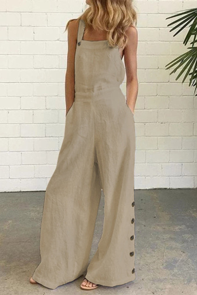 Beige cotton-linen blend wide leg bib pants romper with button details, casual style