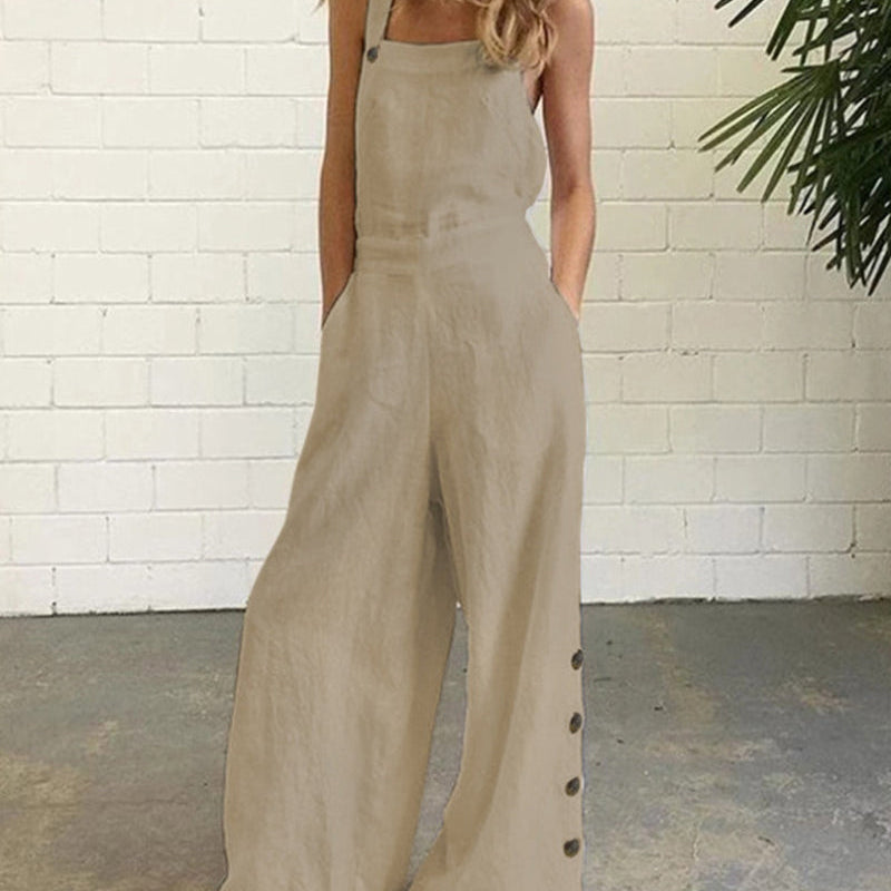 Beige cotton-linen blend wide leg bib pants romper with button details, casual style