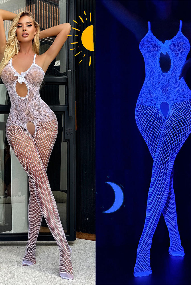 White floral lace fishnet crotchless bodystocking with bow at chest cutout
