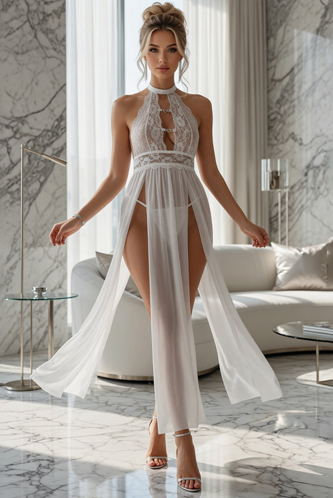 Sheer white halter lace maxi lingerie dress with keyhole bodice and long cape-like panels