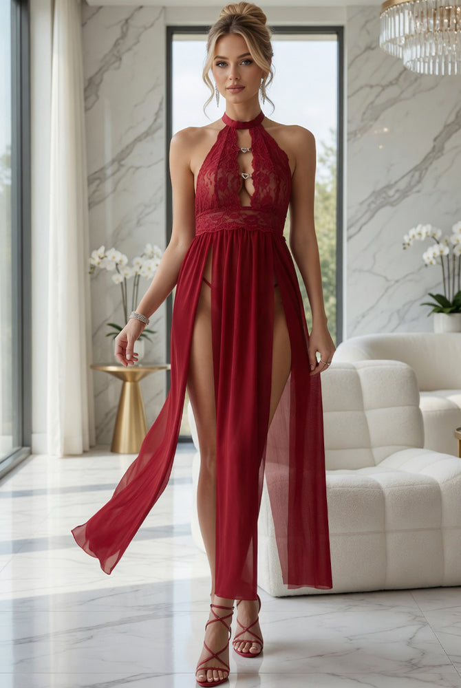 Wine red halter lace lingerie dress with keyhole cutout and flowing maxi skirt