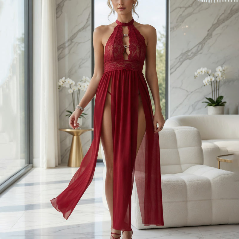 Wine red halter lace lingerie dress with keyhole cutout and flowing maxi skirt