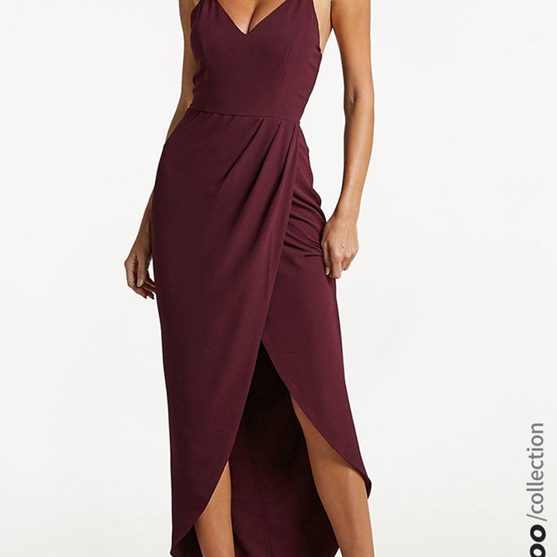 Burgundy drape maxi dress with spaghetti straps and high slit, zeagoo collection