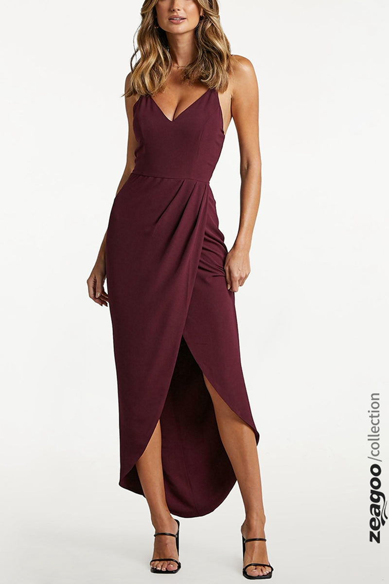 Burgundy drape maxi dress with spaghetti straps and high slit, zeagoo collection