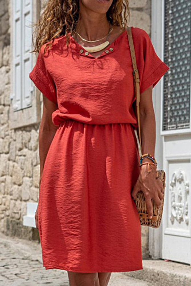 Red splicing mid dress, cotton linen blend, short sleeves, elastic waist, perfect for vacation
