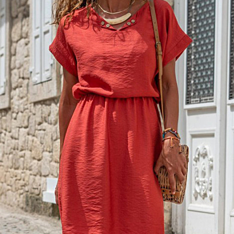 Red splicing mid dress, cotton linen blend, short sleeves, elastic waist, perfect for vacation