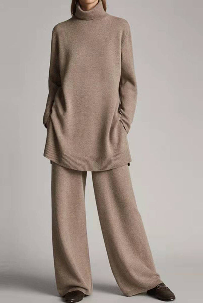 Light brown sweater top and wide leg pants set, casual style, perfect for leisure and daily wear.