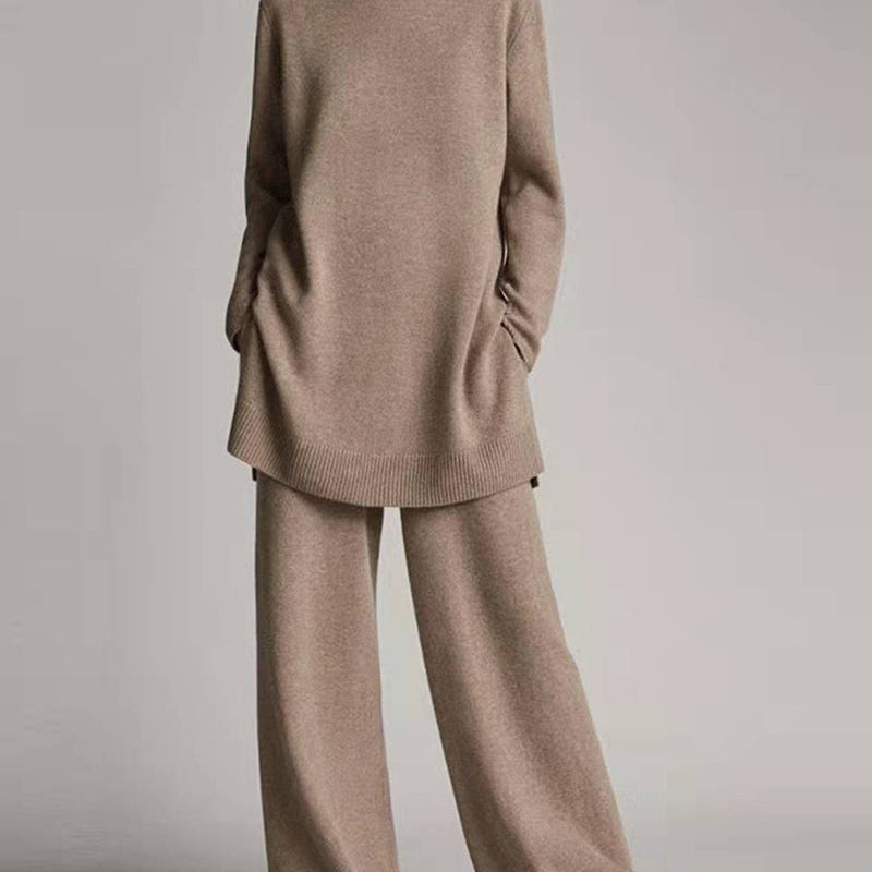 Light brown sweater top and wide leg pants set, casual style, perfect for leisure and daily wear.