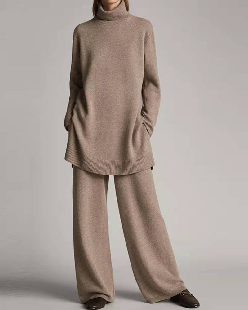 Light brown sweater top and wide leg pants set, casual style, perfect for leisure and daily wear.