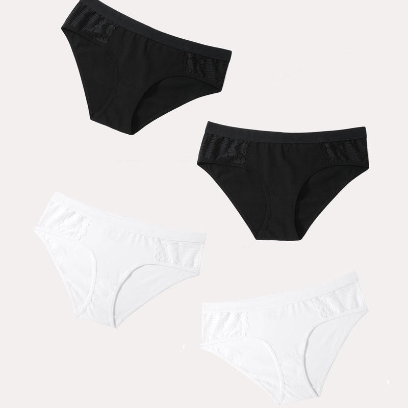 4-Pack Cotton Hipster Tanga Brief Bikini Panties - Black and White, with Lace Detail