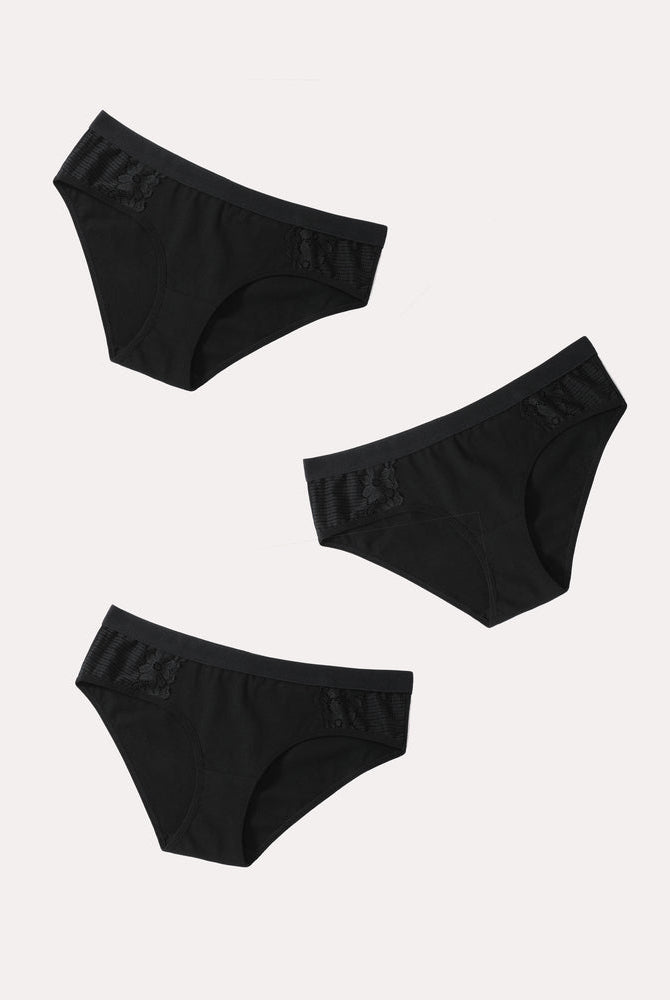 Black cotton hipster tanga brief bikini panties with lace detail, comfortable and stylish