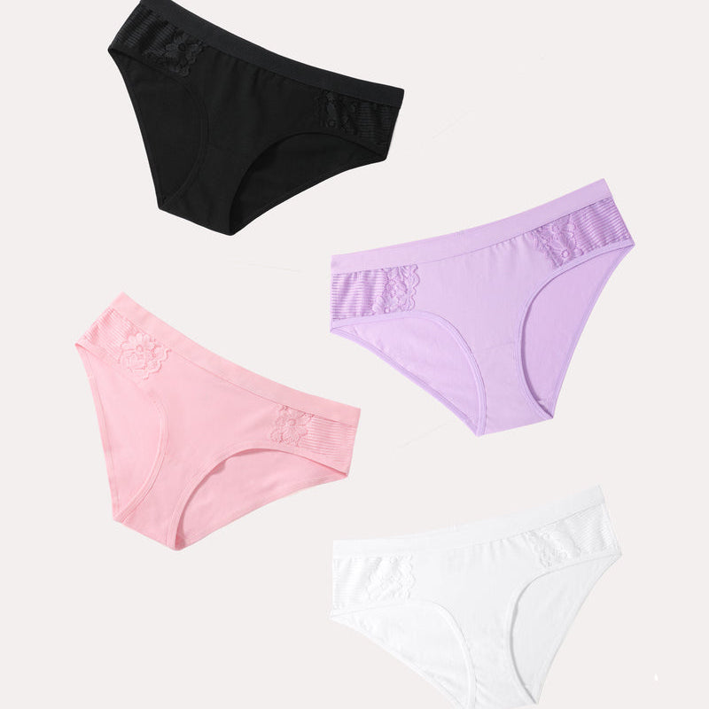 4-Pack Cotton Hipster Tanga Brief Bikini Panties in Black, Pink, Purple, White with Lace