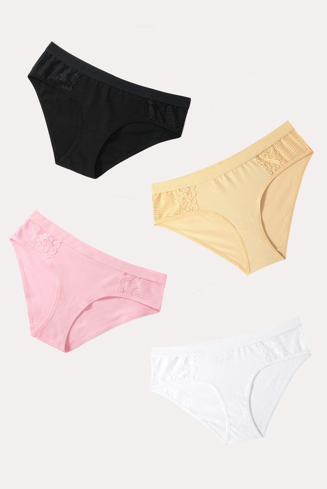 4-Pack Cotton Hipster Tanga Brief Bikini Panties - Black, Beige, Pink, and White with Lace Detail