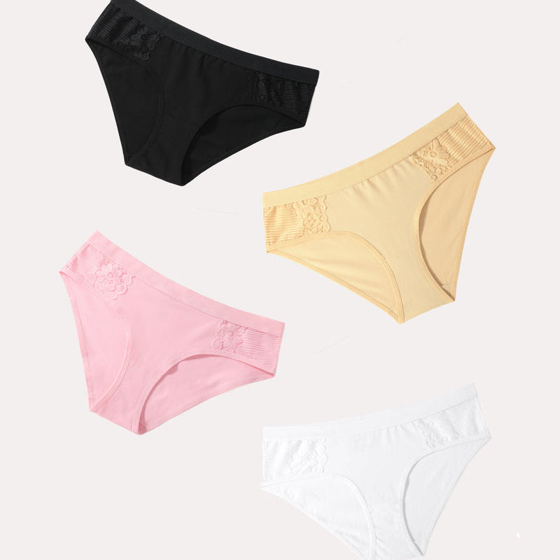 4-Pack Cotton Hipster Tanga Brief Bikini Panties - Black, Beige, Pink, and White with Lace Detail