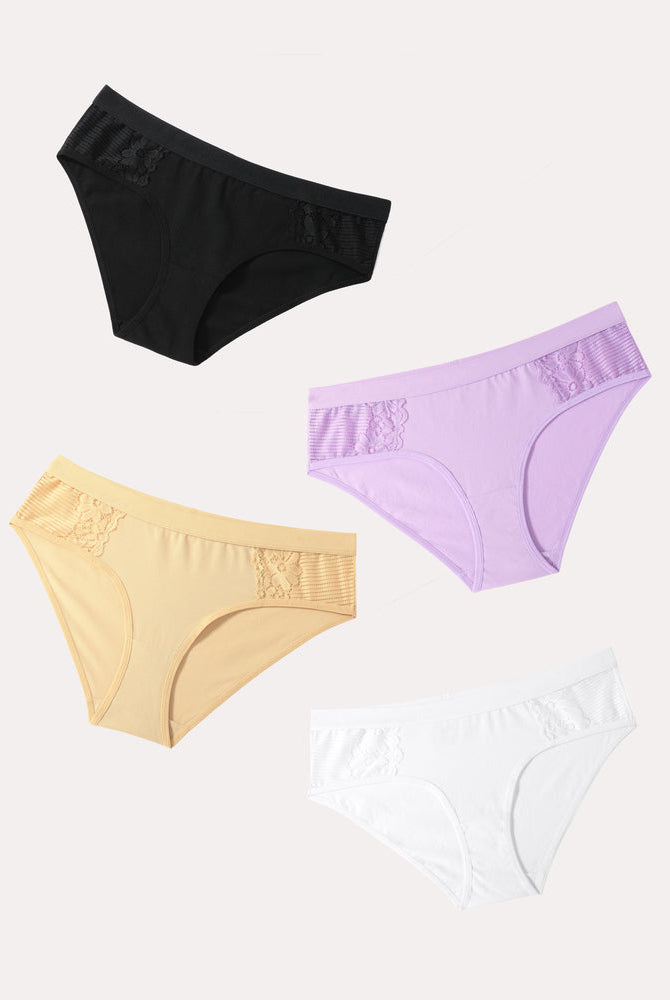 4-Pack Cotton Hipster Tanga Brief Bikini Panties with Lace in Black, Purple, Beige, and White