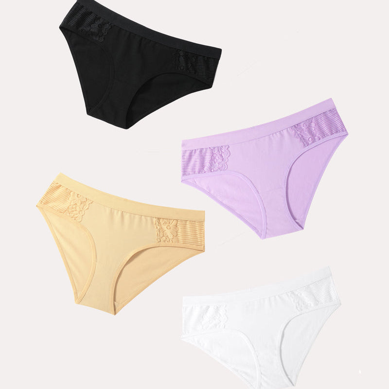 4-Pack Cotton Hipster Tanga Brief Bikini Panties with Lace in Black, Purple, Beige, and White