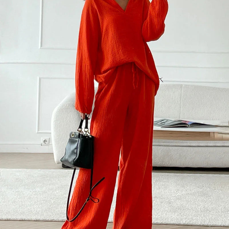 Orange V-Neck Two-piece Set. Cotton-polyester blend, casual loose-fit for leisure and daily wear.