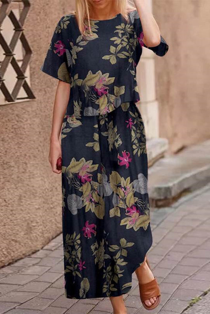 Retro Print Two Piece Set in dark blue with floral pattern, casual style, cotton and polyester blend
