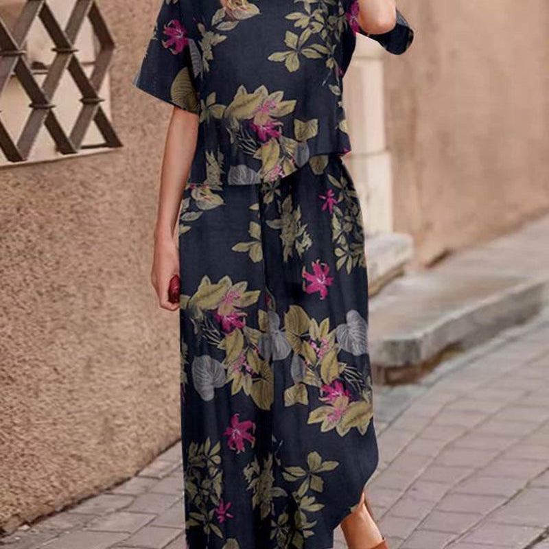 Retro Print Two Piece Set in dark blue with floral pattern, casual style, cotton and polyester blend