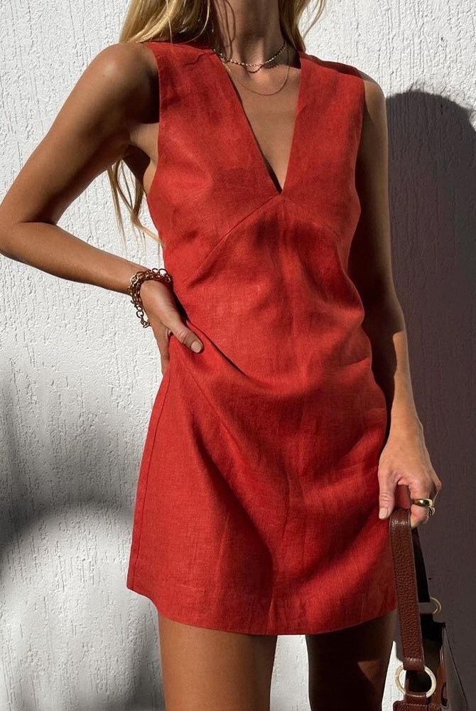 Red cotton linen vest dress, V-neck mini dress, casual style, perfect for daily wear