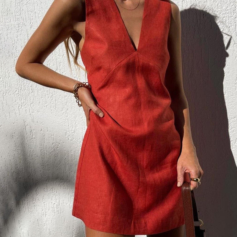 Red cotton linen vest dress, V-neck mini dress, casual style, perfect for daily wear