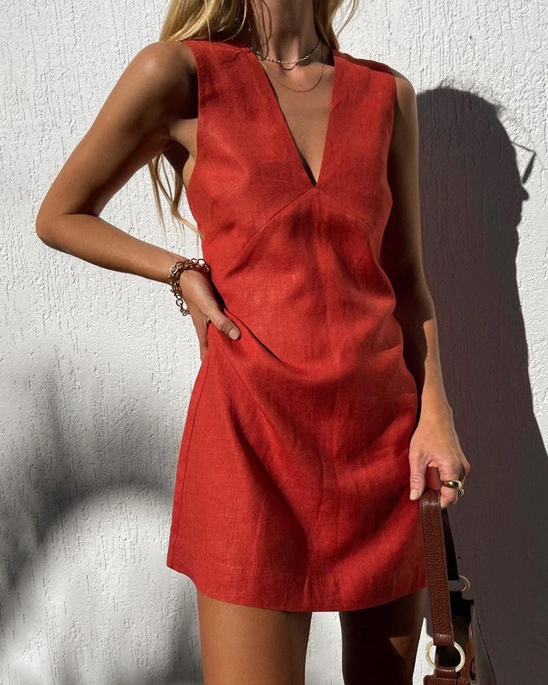 Red cotton linen vest dress, V-neck mini dress, casual style, perfect for daily wear
