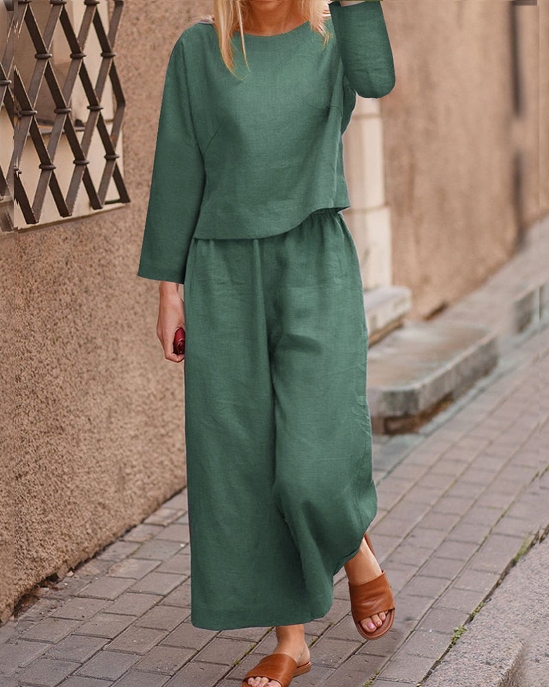 Green cotton linen two-piece set for women, long sleeve top and wide leg pants, casual outfit