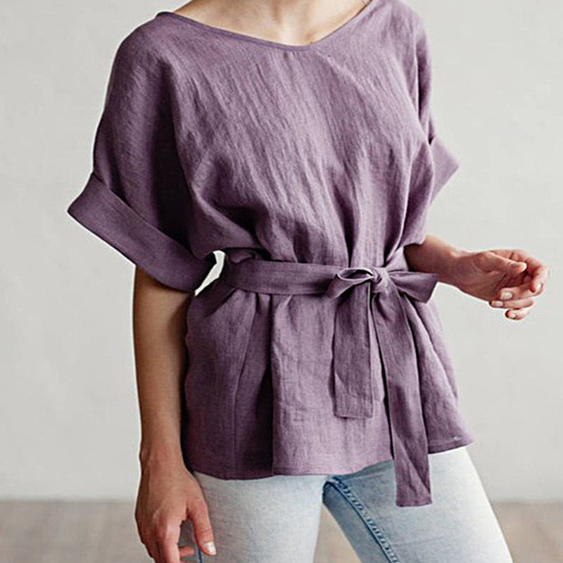 Purple linen kimono top with tie waist, wide neckline, short dolman sleeves