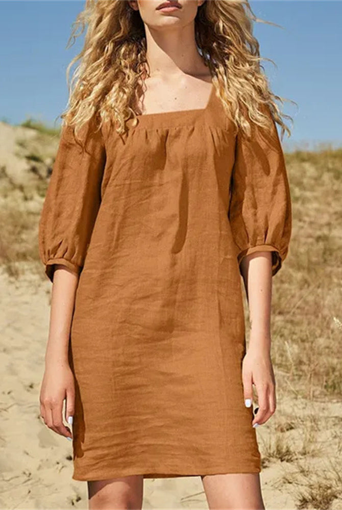 Brown square neck casual cotton dress with short sleeves, perfect for leisure and daily wear