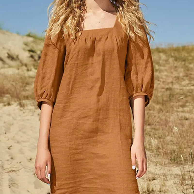 Brown square neck casual cotton dress with short sleeves, perfect for leisure and daily wear