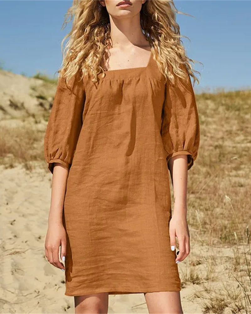 Brown square neck casual cotton dress with short sleeves, perfect for leisure and daily wear
