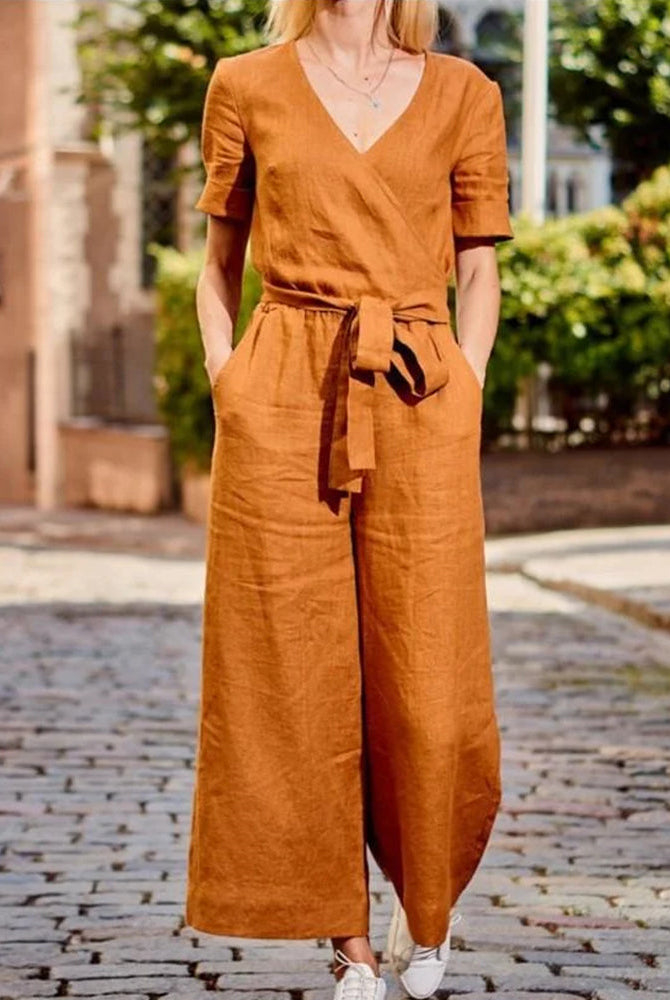 Orange cotton romper jumpsuit with belt, casual style, perfect for leisure and daily wear