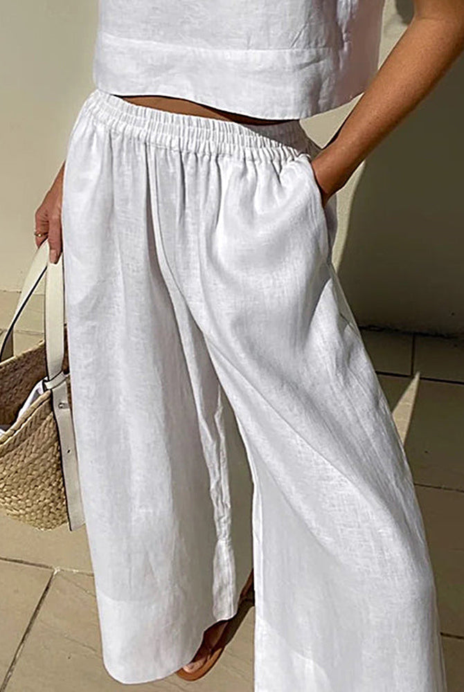 White linen elastic waist wide leg pants, casual style, perfect for leisure and daily wear.