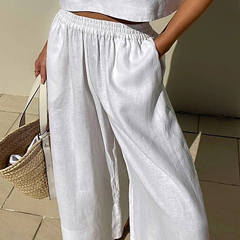 White linen elastic waist wide leg pants, casual style, perfect for leisure and daily wear.