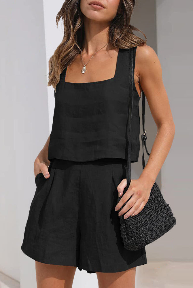 Black linen crop top and shorts set. Casual summer outfit. Square neck tank and high-waisted shorts.