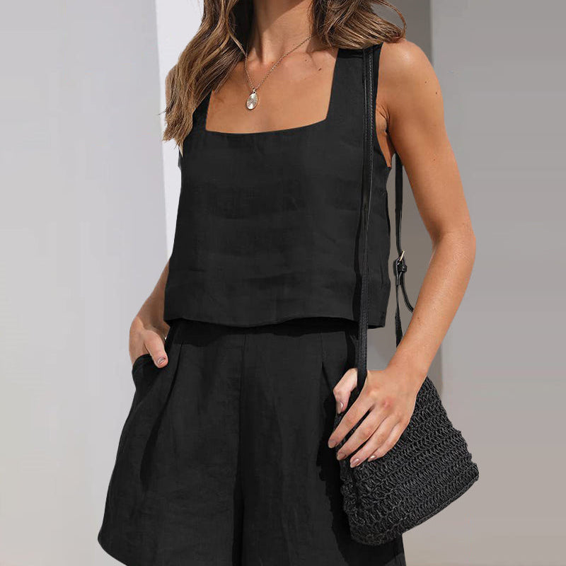 Black linen crop top and shorts set. Casual summer outfit. Square neck tank and high-waisted shorts.
