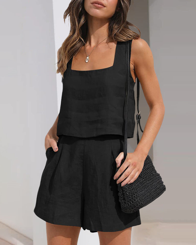 Black linen crop top and shorts set. Casual summer outfit. Square neck tank and high-waisted shorts.