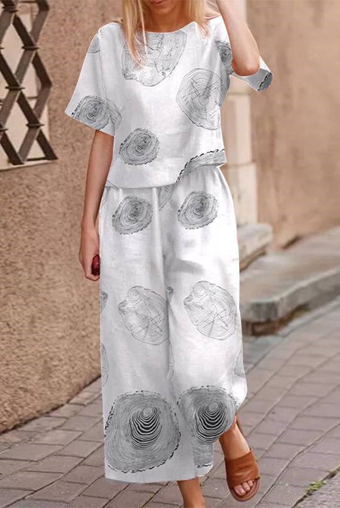 White Retro Print Two Piece Set, casual style, cotton blend, perfect for leisure and daily wear