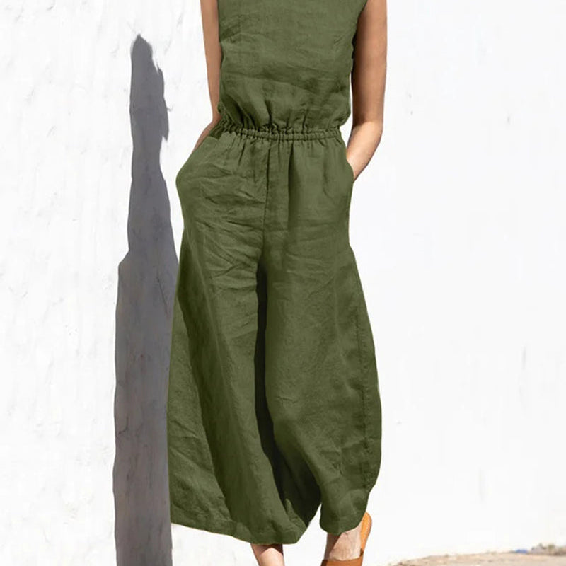 Olive green wide leg cotton jumpsuit with elastic waist, perfect for casual and daily wear.