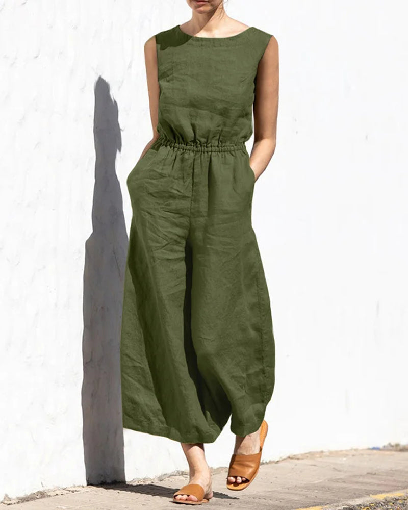 Olive green wide leg cotton jumpsuit with elastic waist, perfect for casual and daily wear.