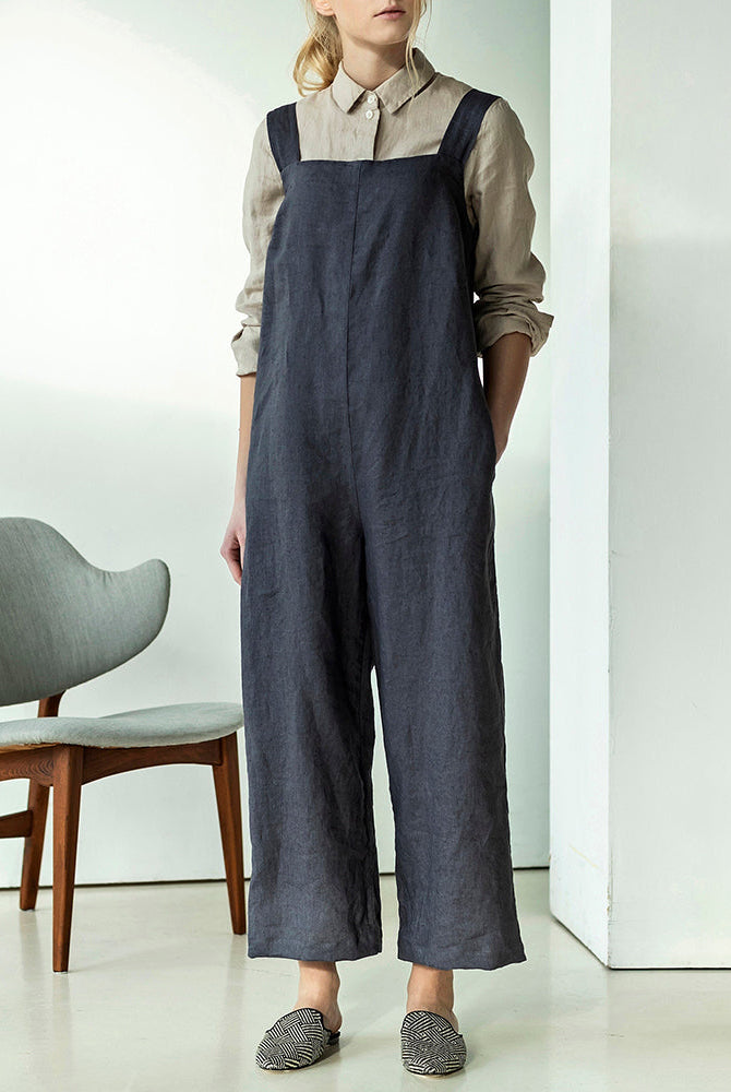 Dark gray linen overalls jumpsuit, casual style, hidden zipper, perfect for daily wear.