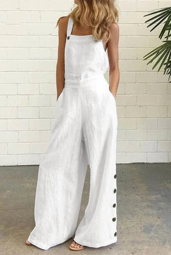 White wide leg bib pants rompers made of cotton and linen blend, casual style