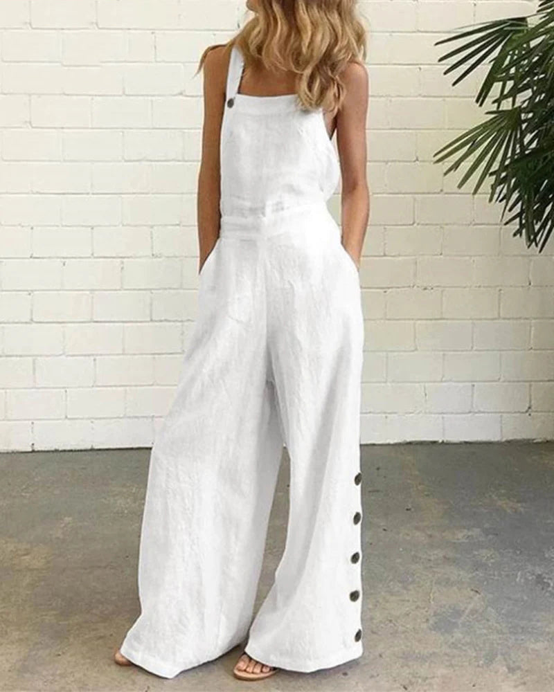 White wide leg bib pants rompers made of cotton and linen blend, casual style