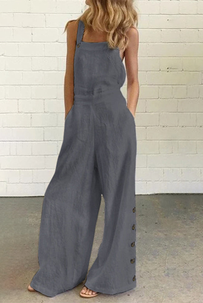 Gray wide leg bib pants romper made of cotton and linen blend, casual style
