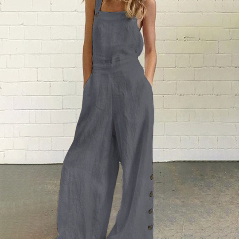 Gray wide leg bib pants romper made of cotton and linen blend, casual style